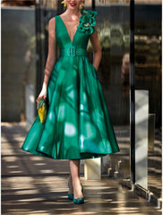 A Line Princess V Neck Sleeveless Tea Length Mother Of The Bride Dresses With Sash