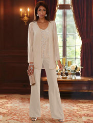 Chiffon V Neck Floor Length 3 Pieces Mother Of The Bride Pantsuits With Jacket Sequins Beading