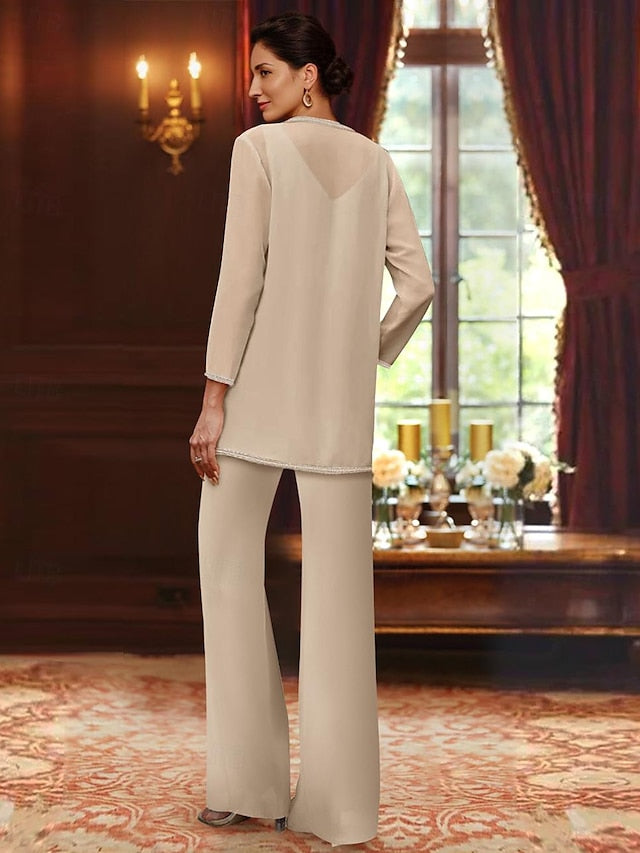 Chiffon V Neck Floor Length 3 Pieces Mother Of The Bride Pantsuits With Jacket Sequins Beading