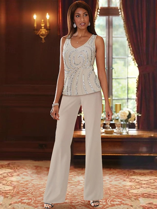 Chiffon V Neck Floor Length 3 Pieces Mother Of The Bride Pantsuits With Jacket Sequins Beading