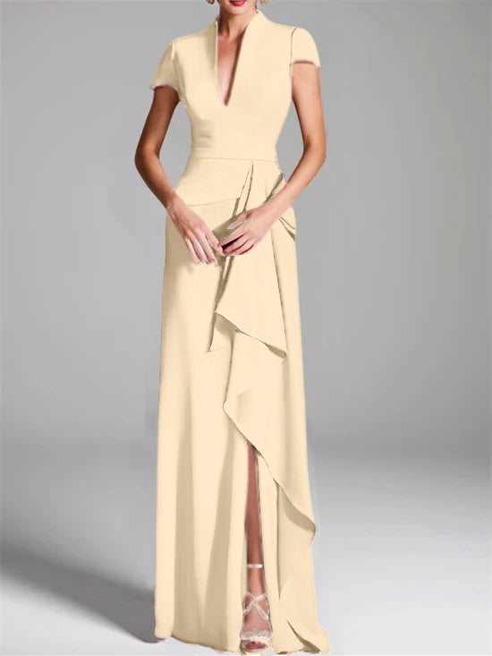 Sheath Column V Neck Short Sleeves Floor Length Mother Of The Bride Dresses With Split Side