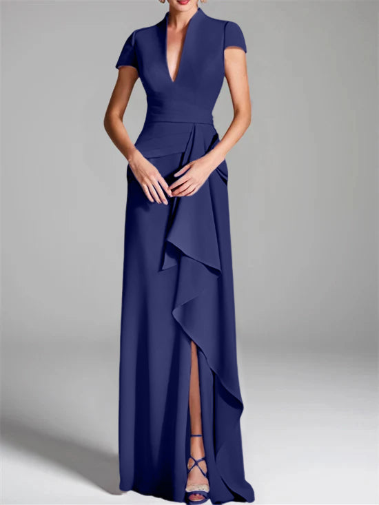 Sheath Column V Neck Short Sleeves Floor Length Mother Of The Bride Dresses With Split Side