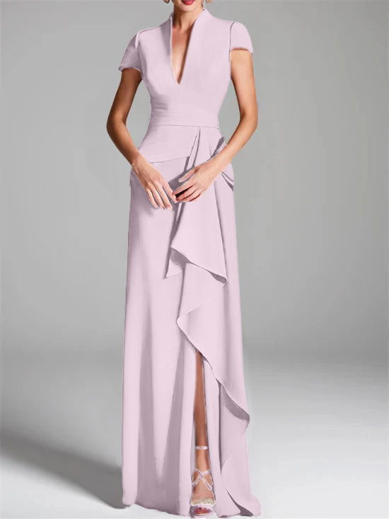 Sheath Column V Neck Short Sleeves Floor Length Mother Of The Bride Dresses With Split Side