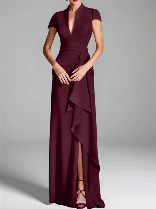 Sheath Column V Neck Short Sleeves Floor Length Mother Of The Bride Dresses With Split Side