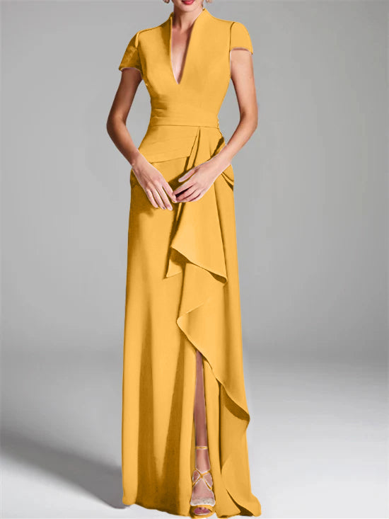 Sheath Column V Neck Short Sleeves Floor Length Mother Of The Bride Dresses With Split Side