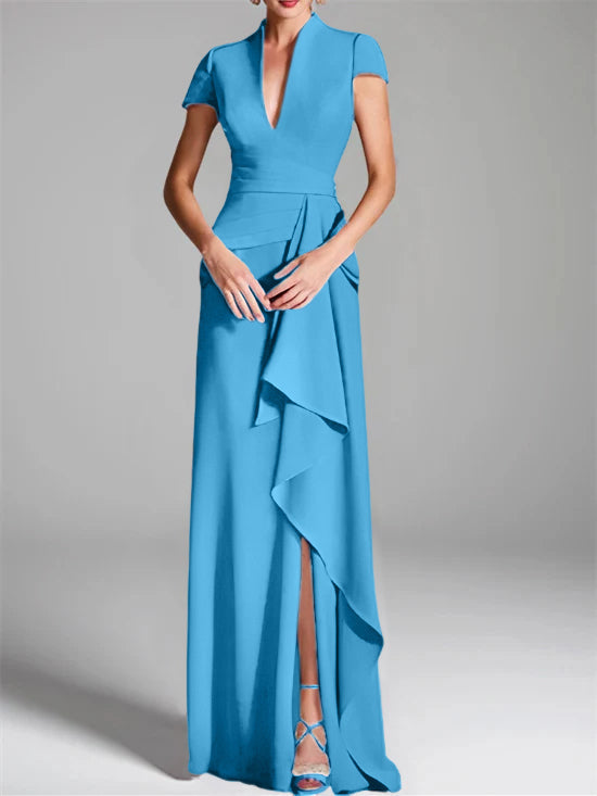 Sheath Column V Neck Short Sleeves Floor Length Mother Of The Bride Dresses With Split Side