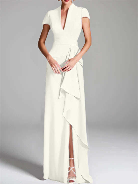 Sheath Column V Neck Short Sleeves Floor Length Mother Of The Bride Dresses With Split Side