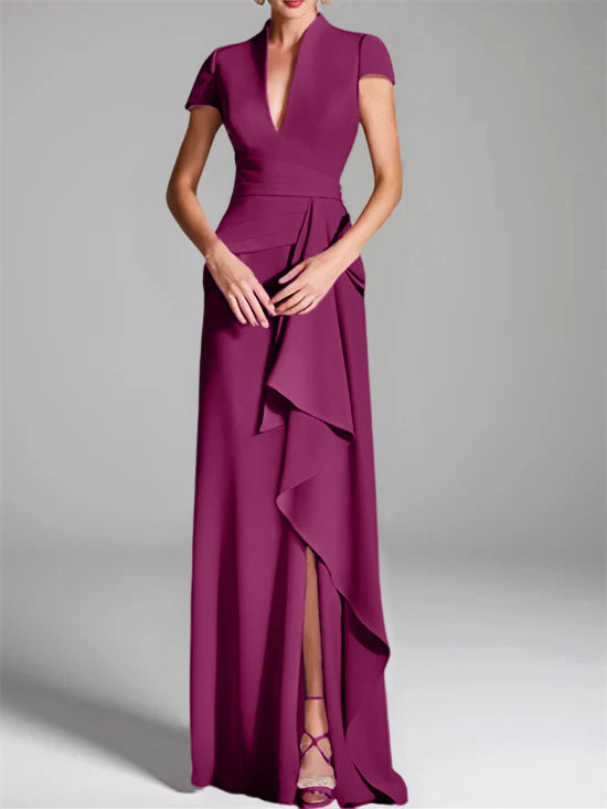 Sheath Column V Neck Short Sleeves Floor Length Mother Of The Bride Dresses With Split Side