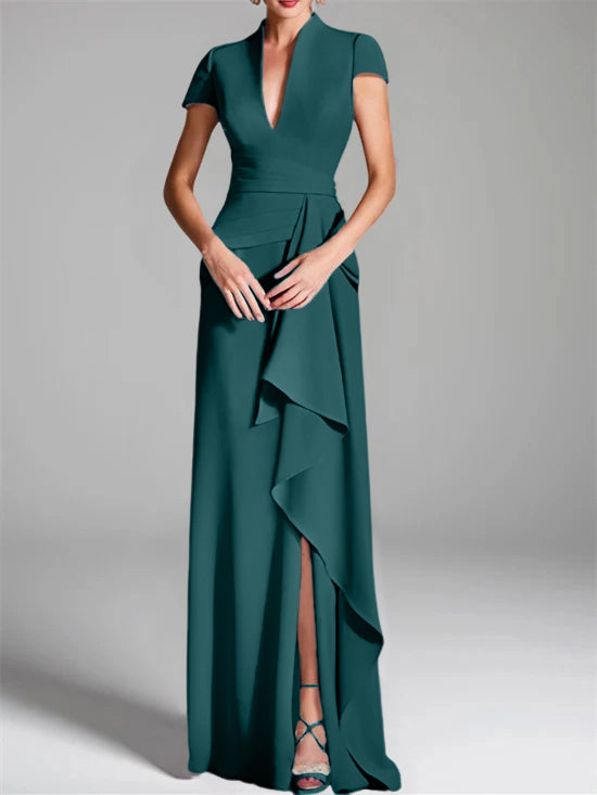 Sheath Column V Neck Short Sleeves Floor Length Mother Of The Bride Dresses With Split Side