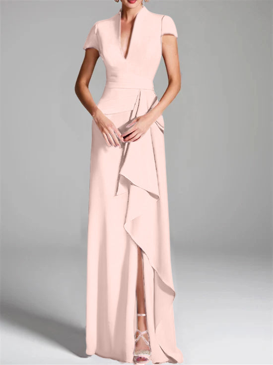 Sheath Column V Neck Short Sleeves Floor Length Mother Of The Bride Dresses With Split Side