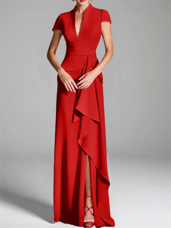 Sheath Column V Neck Short Sleeves Floor Length Mother Of The Bride Dresses With Split Side