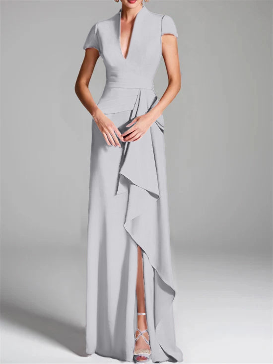 Sheath Column V Neck Short Sleeves Floor Length Mother Of The Bride Dresses With Split Side
