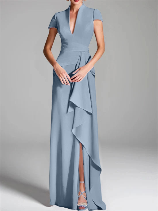 Sheath Column V Neck Short Sleeves Floor Length Mother Of The Bride Dresses With Split Side