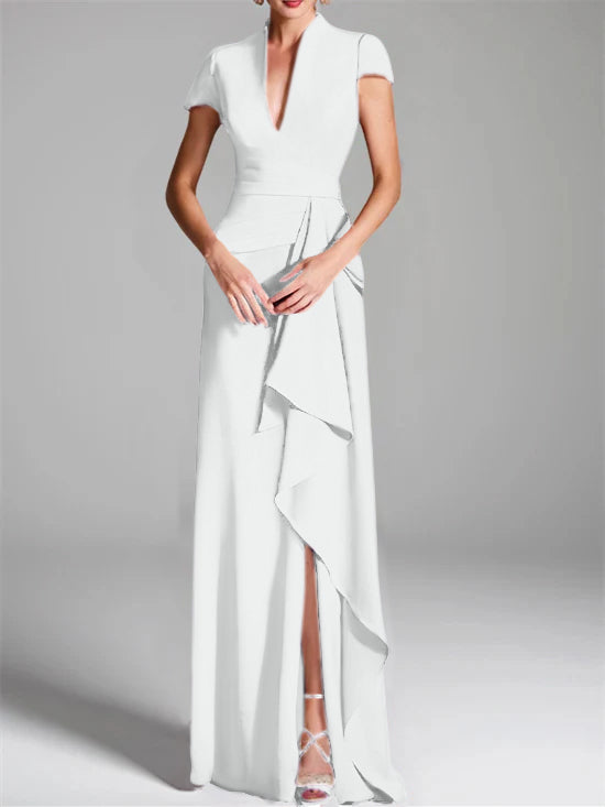Sheath Column V Neck Short Sleeves Floor Length Mother Of The Bride Dresses With Split Side