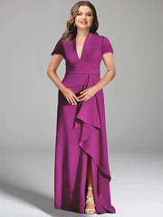 Sheath Column V Neck Short Sleeves Floor Length Mother Of The Bride Dresses With Split Side