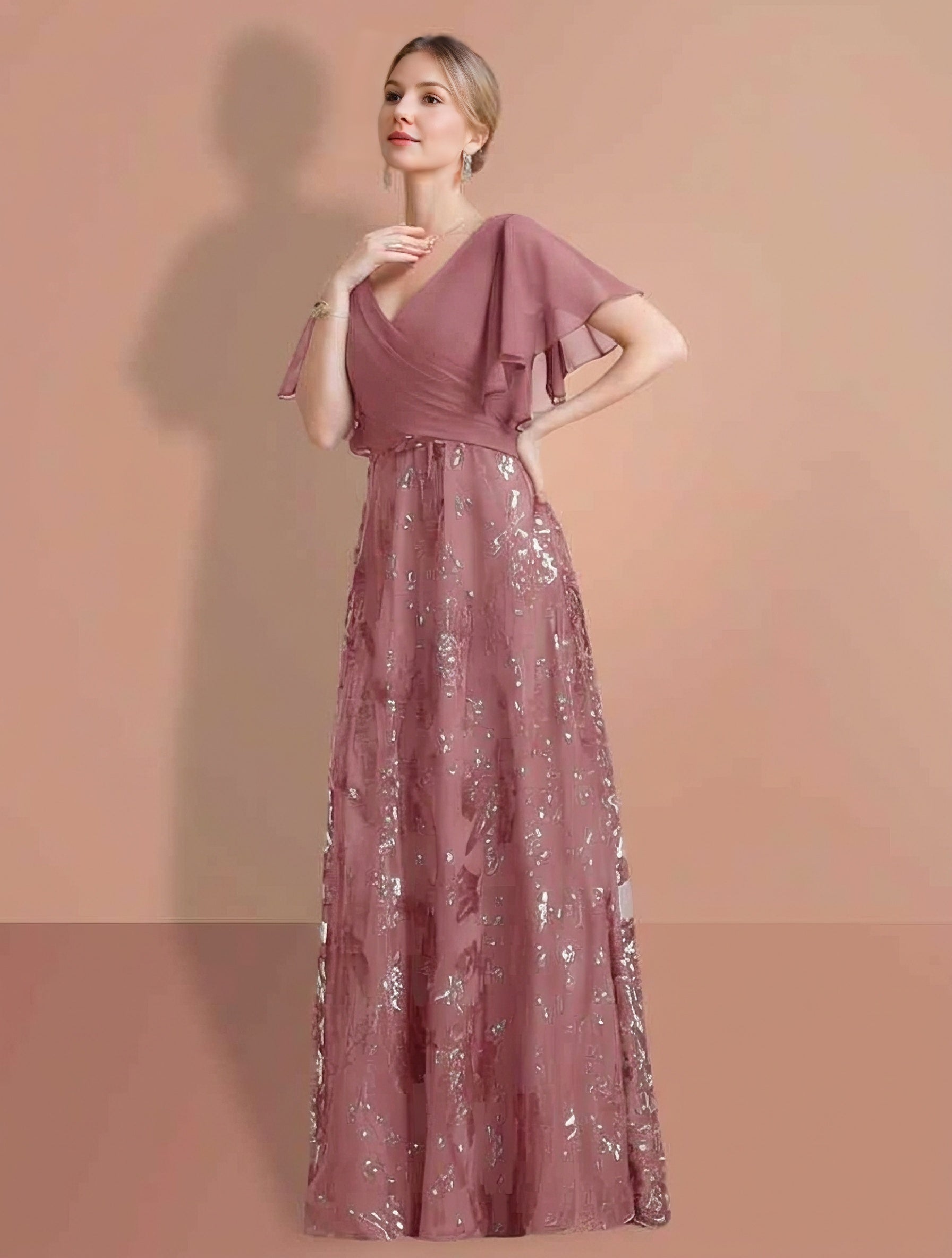 A Line Princess V Neck Short Sleeves Floor Length Mother Of The Bride Dresses With Sequins