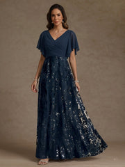 A Line Princess V Neck Short Sleeves Floor Length Mother Of The Bride Dresses With Sequins