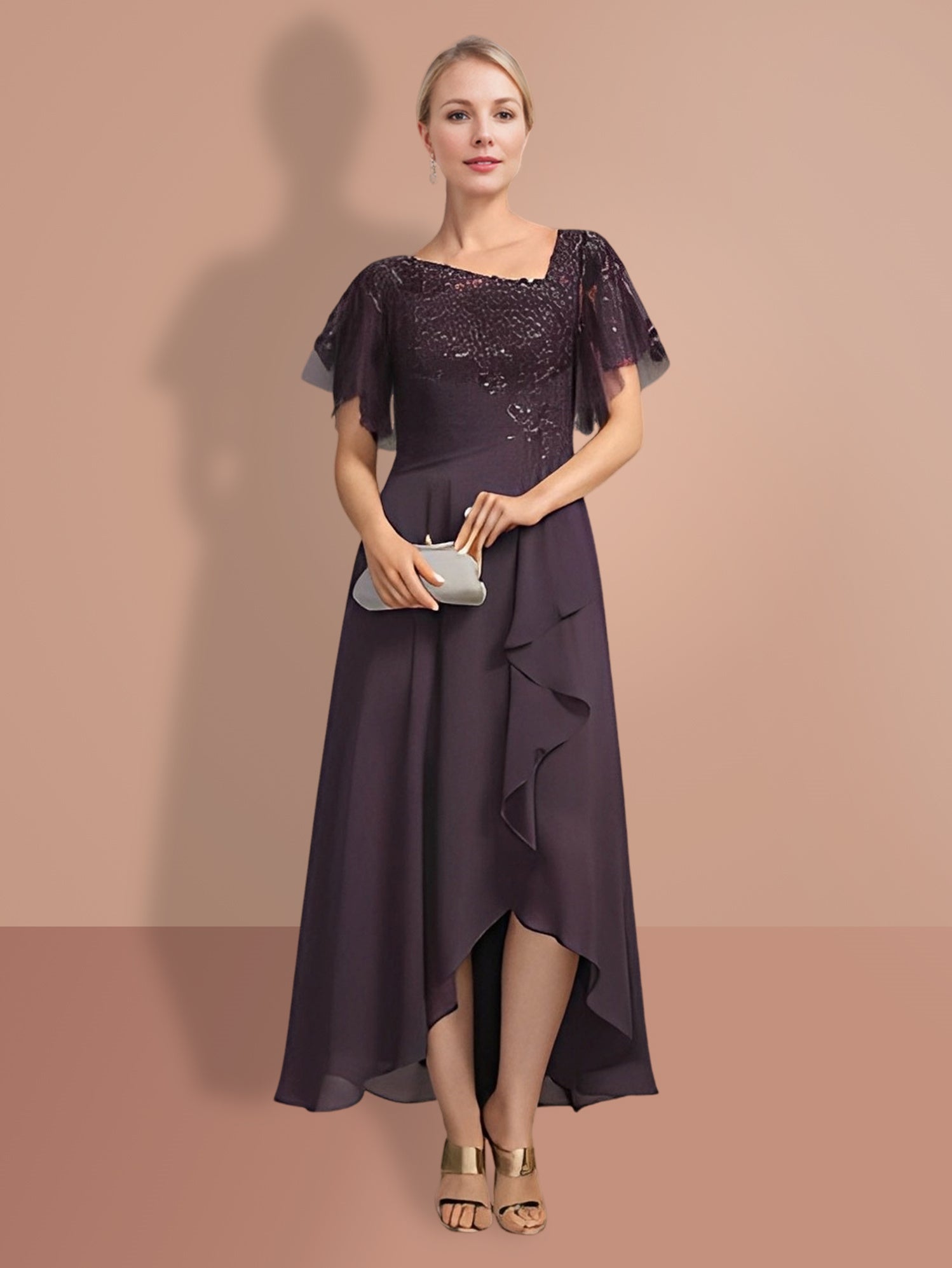 A Line Princess Short Sleeves Asymmetrical Mother Of The Bride Dresses