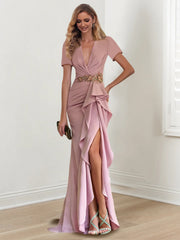 Mermaid Trumpet Floor Length V Neck Mother Of The Bride Dresses With Ruffles