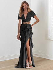Mermaid Trumpet Floor Length V Neck Mother Of The Bride Dresses With Ruffles