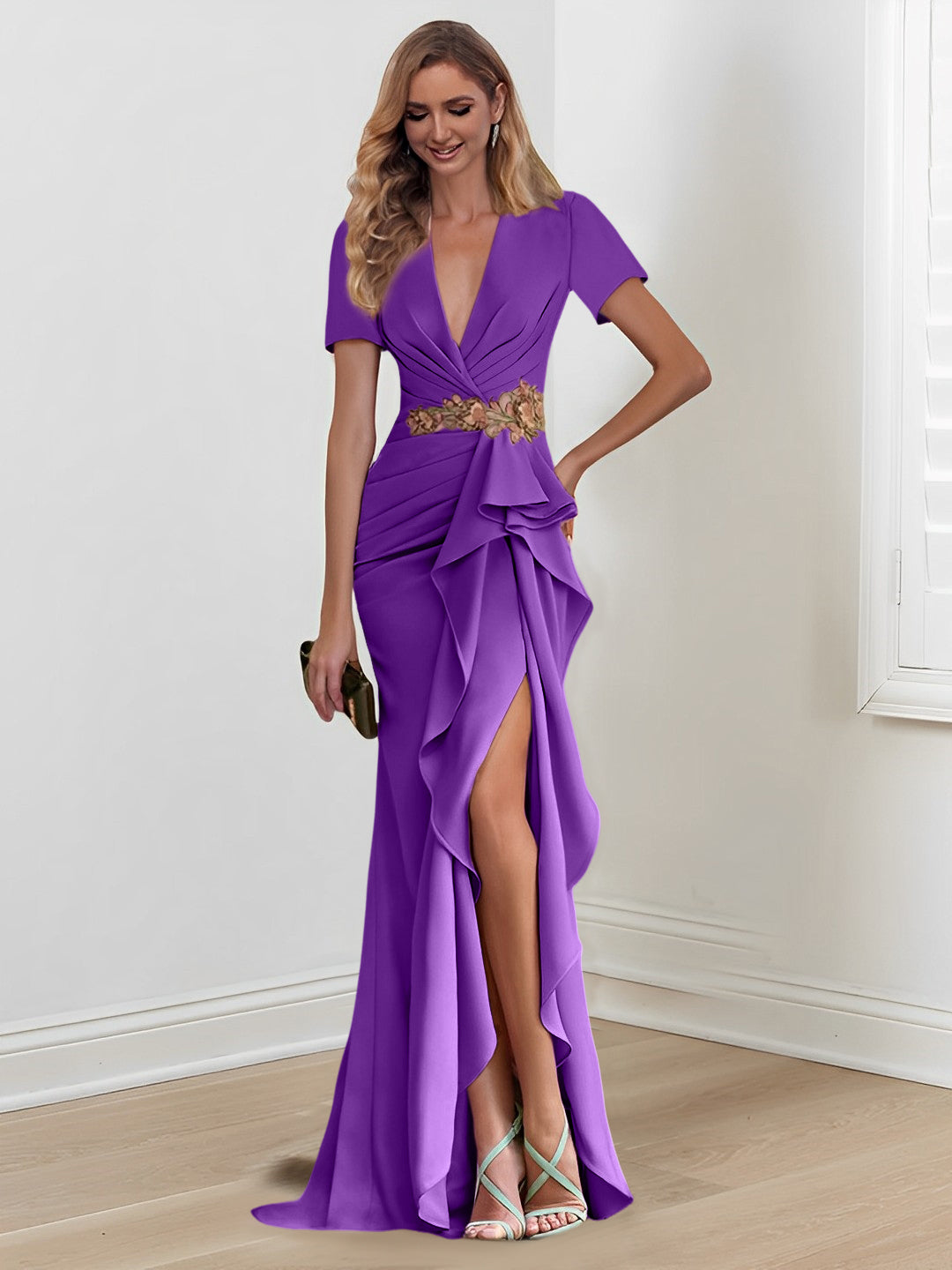 Mermaid Trumpet Floor Length V Neck Mother Of The Bride Dresses With Ruffles