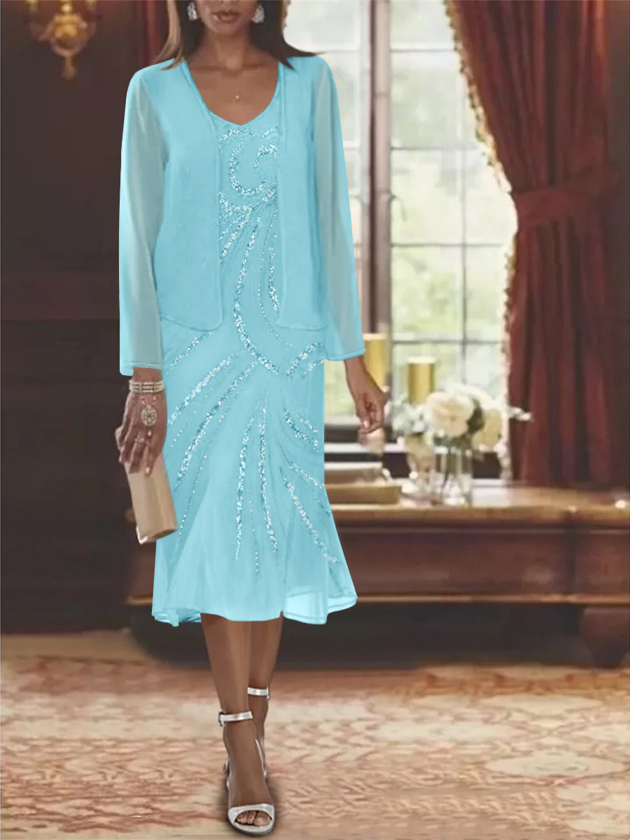Chiffon 2 Pieces V Neck Knee Length Mother Of The Bride Dresses With Jacket Sequins Beading