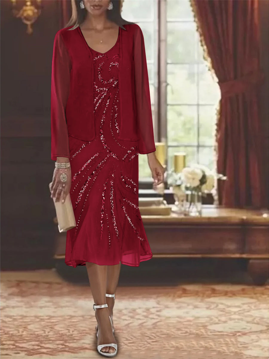 Chiffon 2 Pieces V Neck Knee Length Mother Of The Bride Dresses With Jacket Sequins Beading