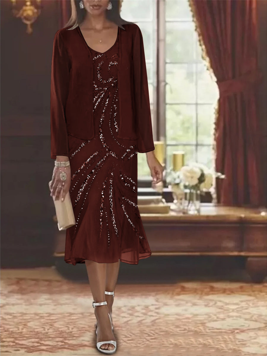Chiffon 2 Pieces V Neck Knee Length Mother Of The Bride Dresses With Jacket Sequins Beading