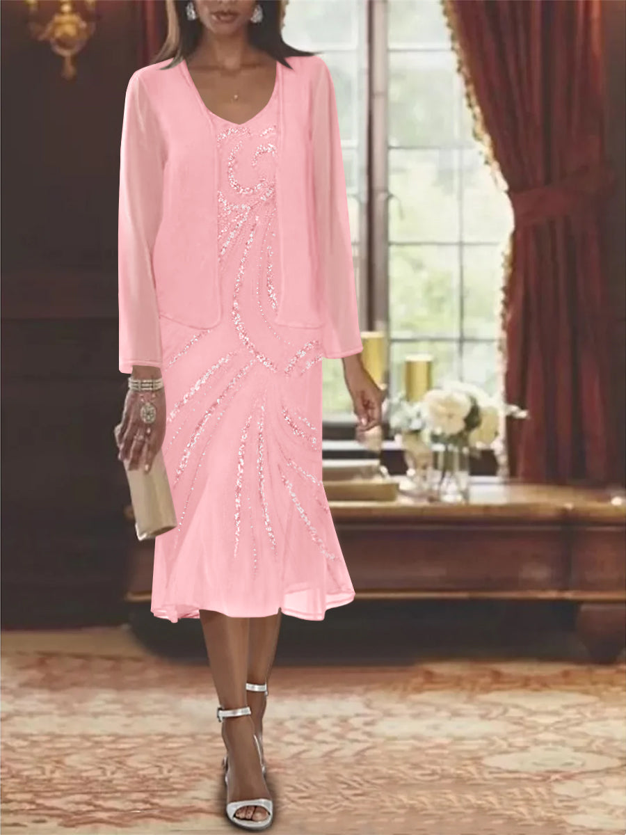 Chiffon 2 Pieces V Neck Knee Length Mother Of The Bride Dresses With Jacket Sequins Beading