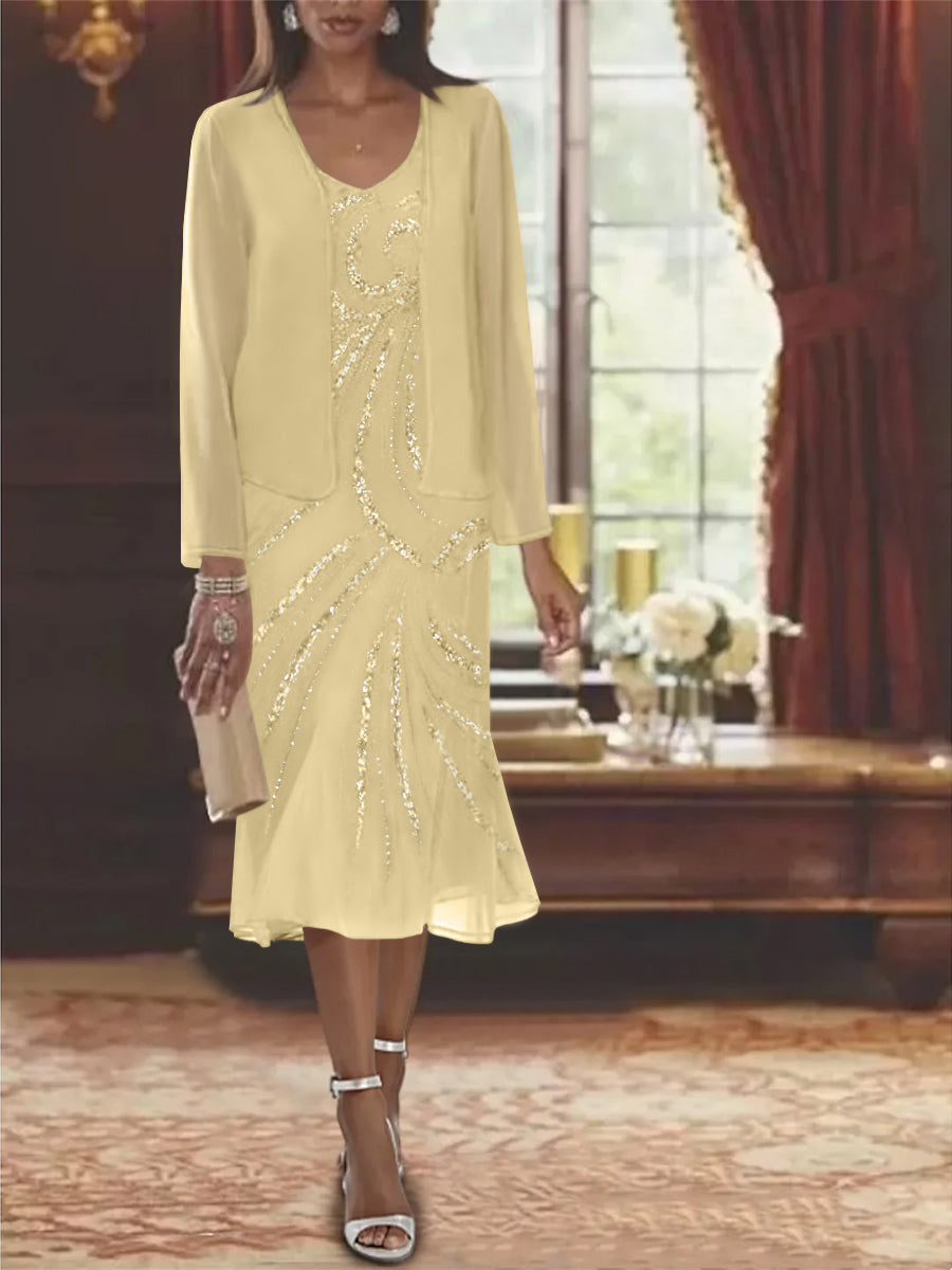 Chiffon 2 Pieces V Neck Knee Length Mother Of The Bride Dresses With Jacket Sequins Beading