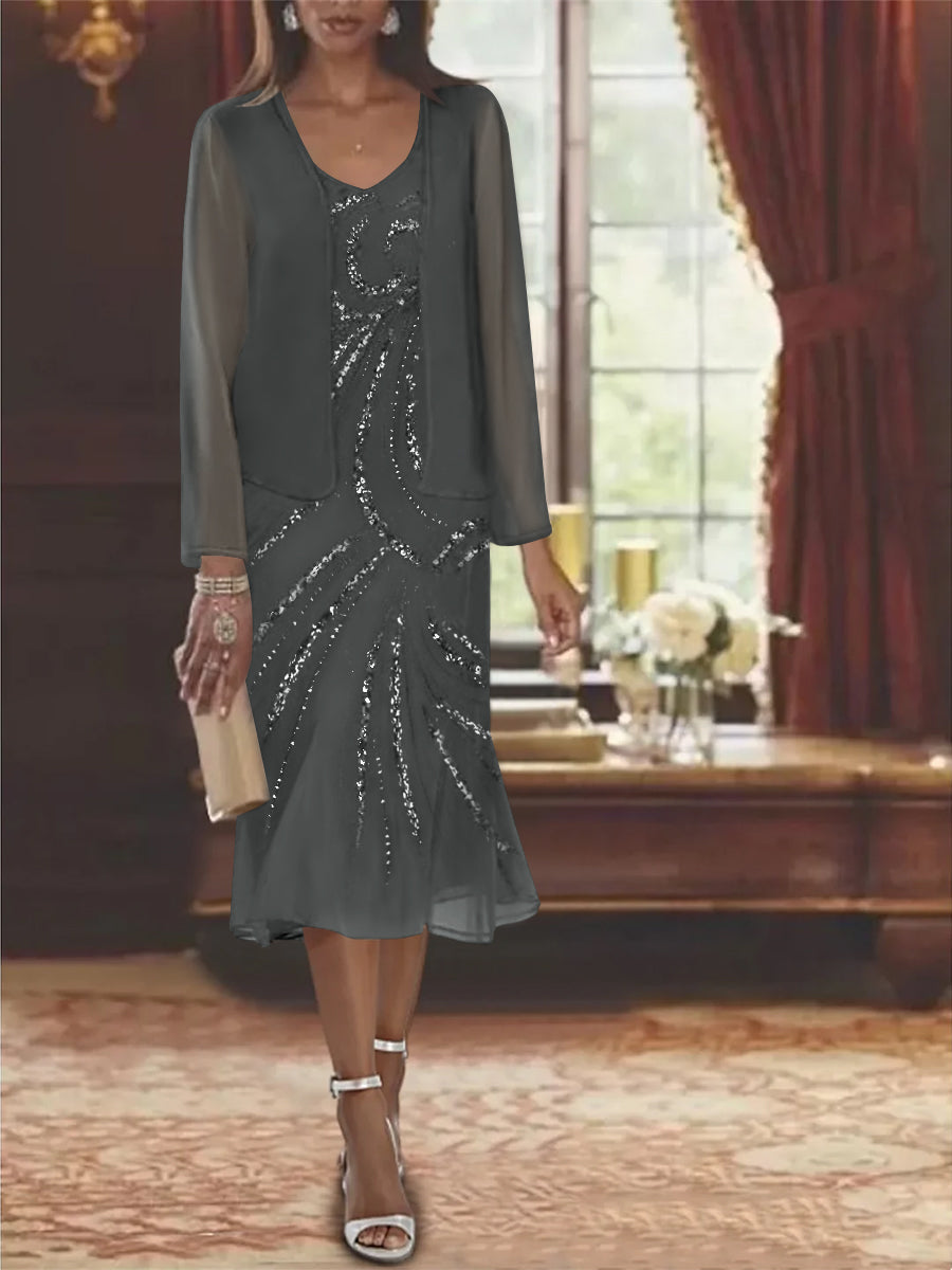 Chiffon 2 Pieces V Neck Knee Length Mother Of The Bride Dresses With Jacket Sequins Beading