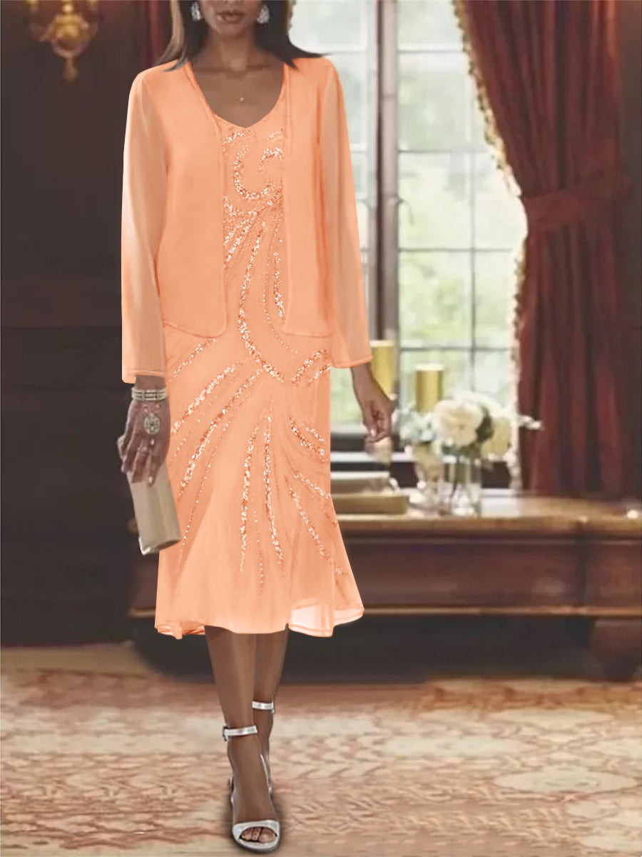 Chiffon 2 Pieces V Neck Knee Length Mother Of The Bride Dresses With Jacket Sequins Beading