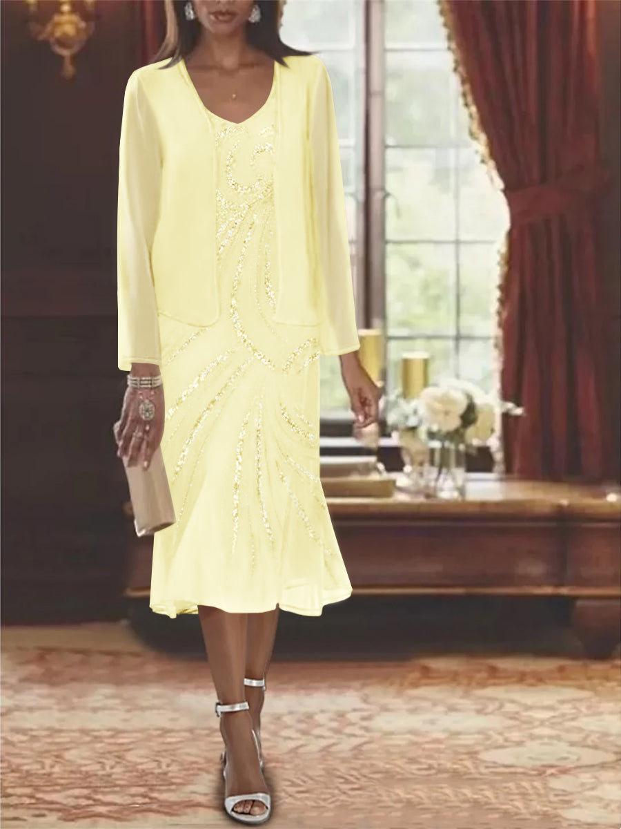 Chiffon 2 Pieces V Neck Knee Length Mother Of The Bride Dresses With Jacket Sequins Beading