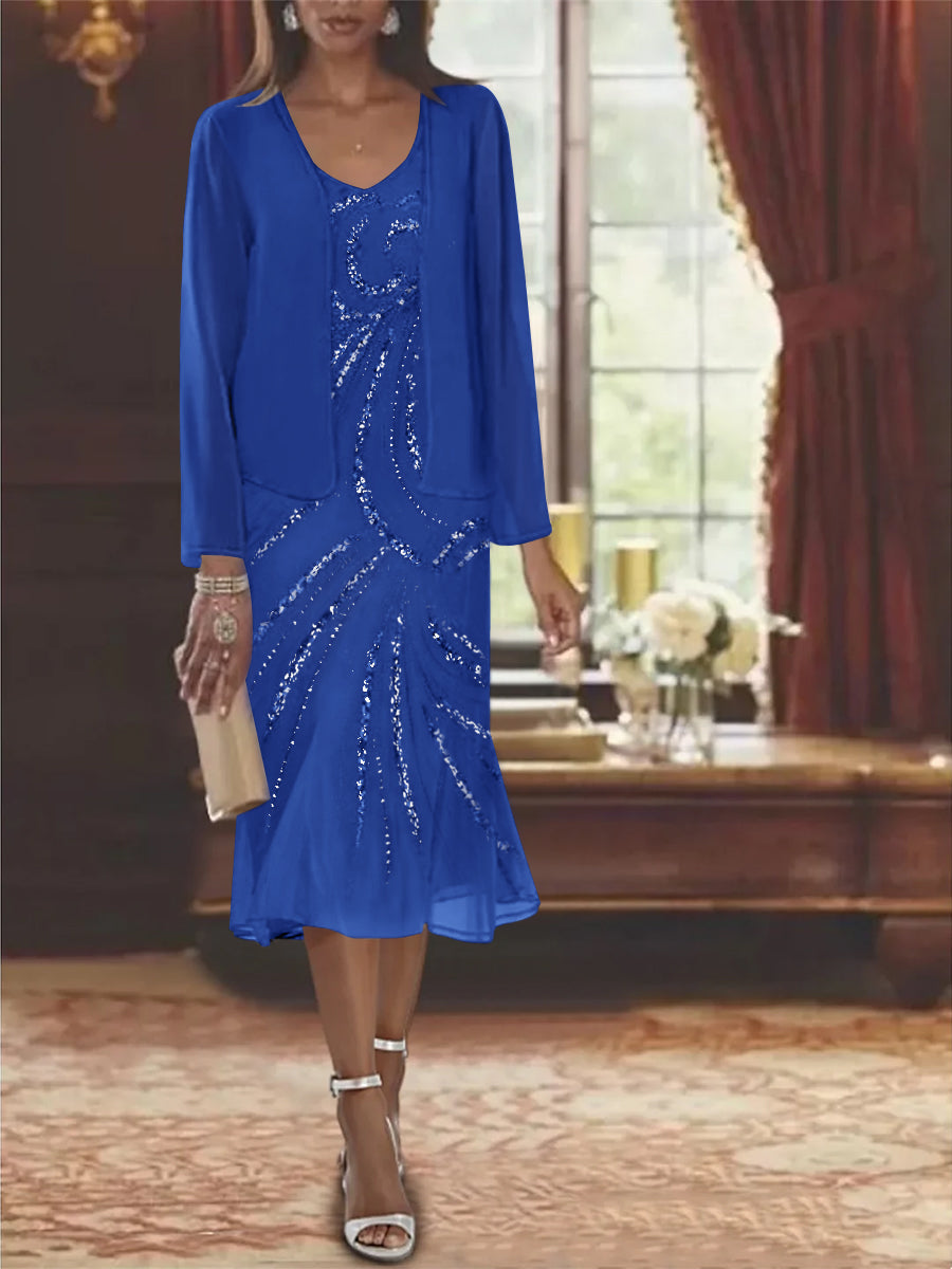 Chiffon 2 Pieces V Neck Knee Length Mother Of The Bride Dresses With Jacket Sequins Beading