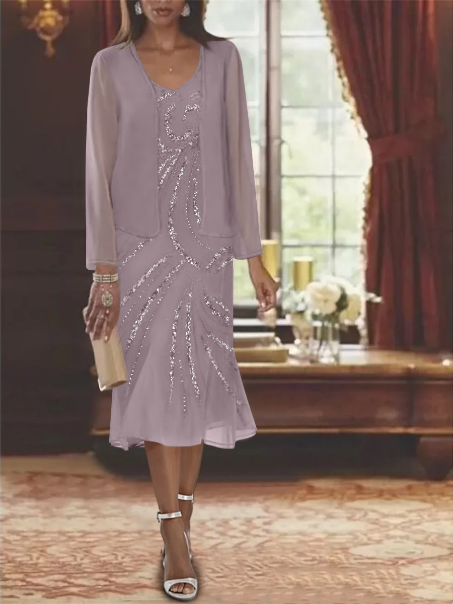 Chiffon 2 Pieces V Neck Knee Length Mother Of The Bride Dresses With Jacket Sequins Beading