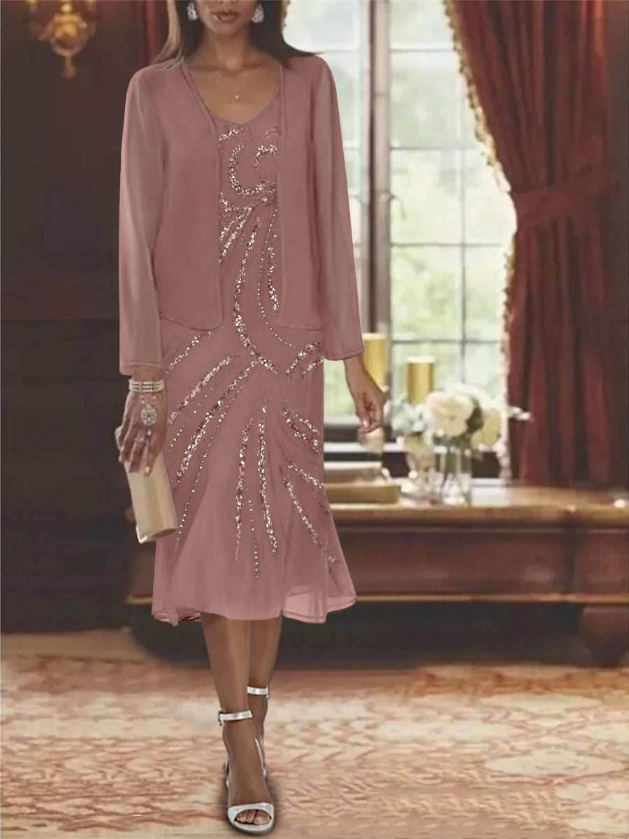 Chiffon 2 Pieces V Neck Knee Length Mother Of The Bride Dresses With Jacket Sequins Beading