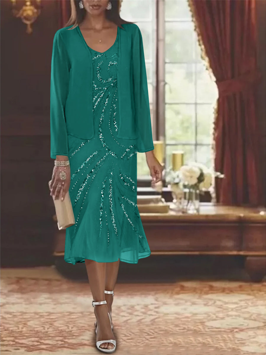 Chiffon 2 Pieces V Neck Knee Length Mother Of The Bride Dresses With Jacket Sequins Beading