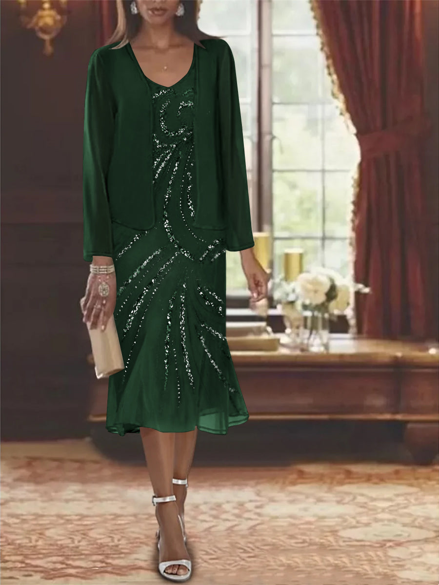 Chiffon 2 Pieces V Neck Knee Length Mother Of The Bride Dresses With Jacket Sequins Beading