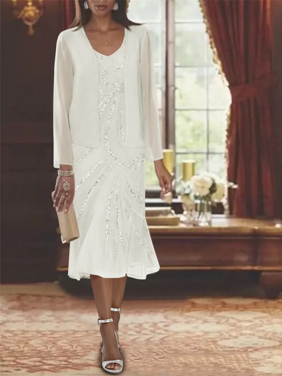 Chiffon 2 Pieces V Neck Knee Length Mother Of The Bride Dresses With Jacket Sequins Beading