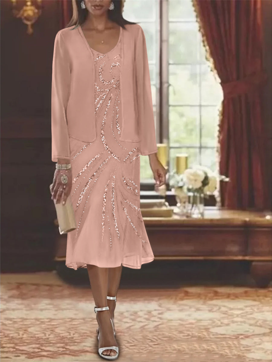 Chiffon 2 Pieces V Neck Knee Length Mother Of The Bride Dresses With Jacket Sequins Beading