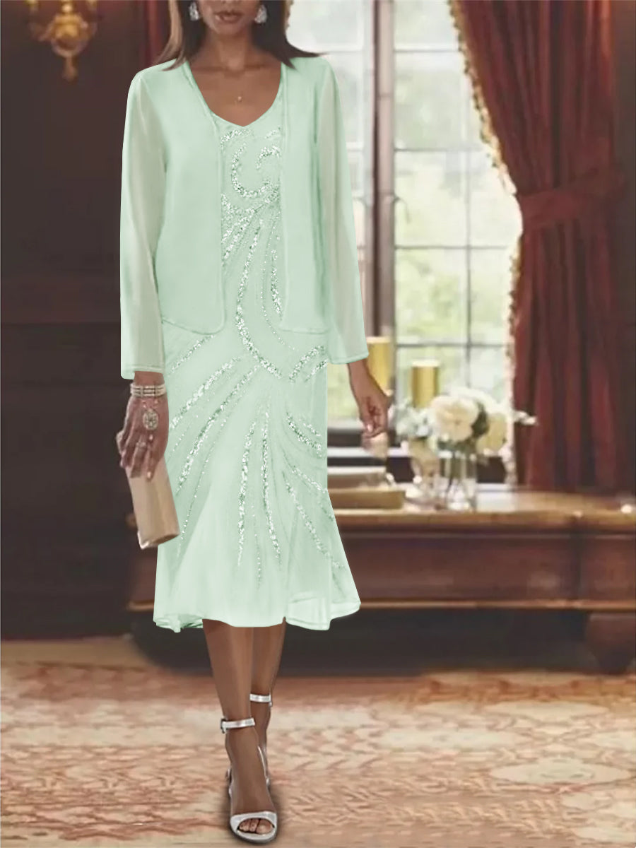 Chiffon 2 Pieces V Neck Knee Length Mother Of The Bride Dresses With Jacket Sequins Beading