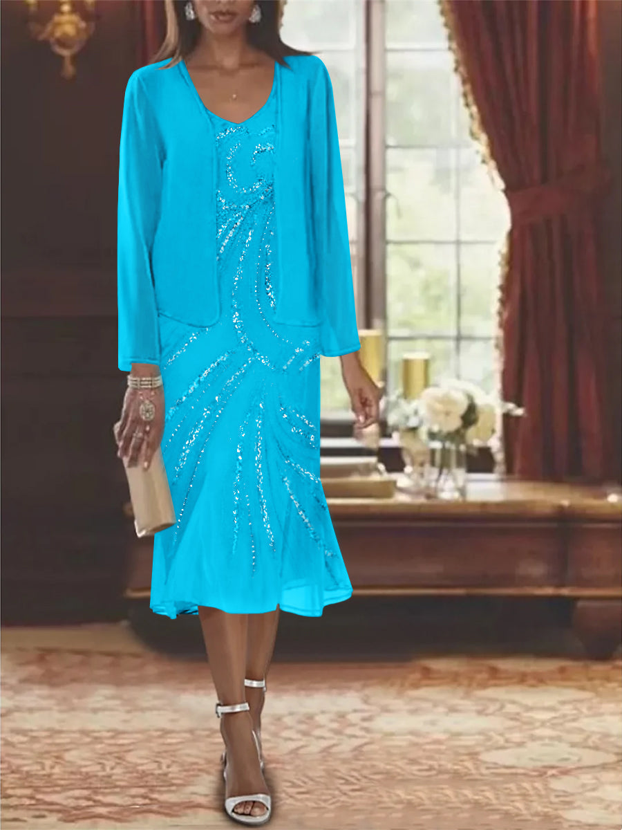 Chiffon 2 Pieces V Neck Knee Length Mother Of The Bride Dresses With Jacket Sequins Beading