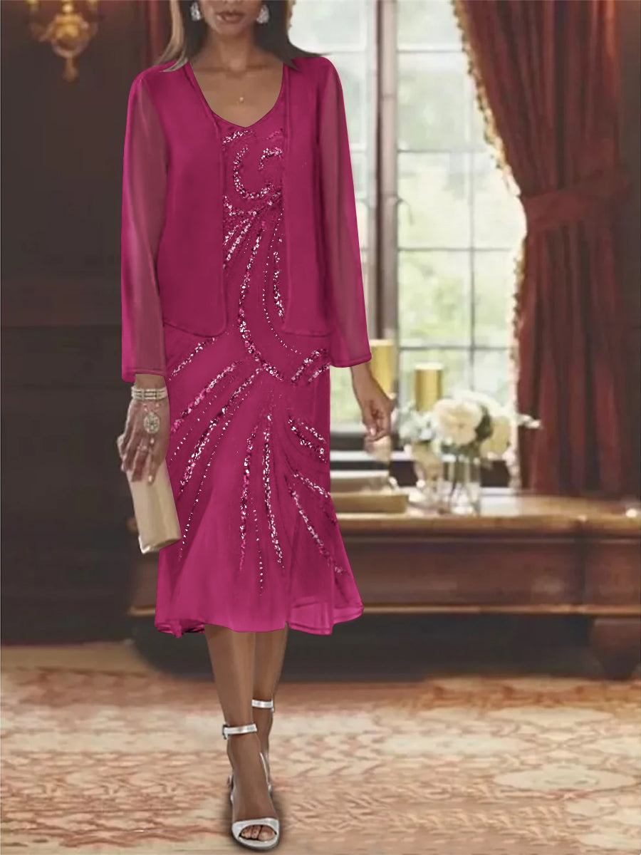 Chiffon 2 Pieces V Neck Knee Length Mother Of The Bride Dresses With Jacket Sequins Beading