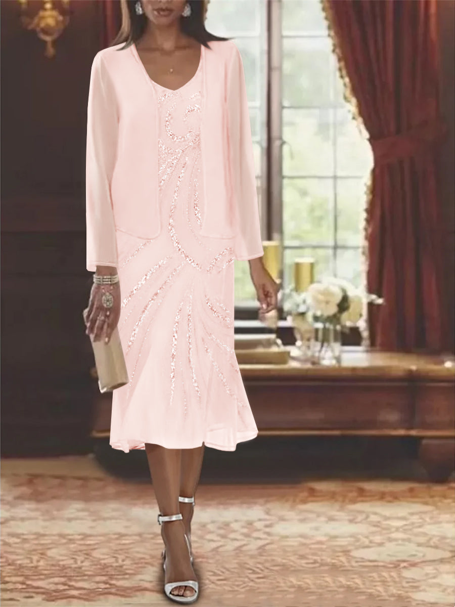 Chiffon 2 Pieces V Neck Knee Length Mother Of The Bride Dresses With Jacket Sequins Beading