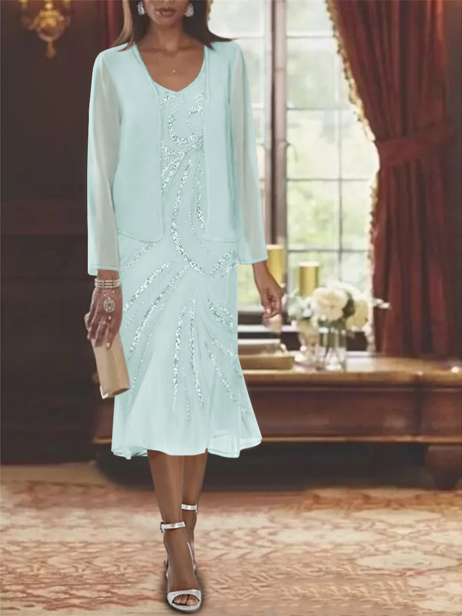 Chiffon 2 Pieces V Neck Knee Length Mother Of The Bride Dresses With Jacket Sequins Beading