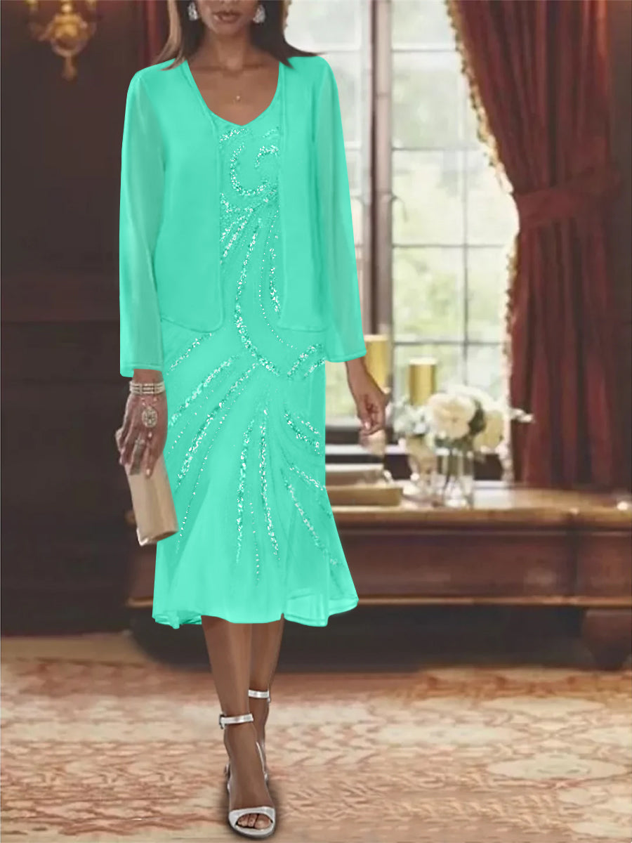 Chiffon 2 Pieces V Neck Knee Length Mother Of The Bride Dresses With Jacket Sequins Beading