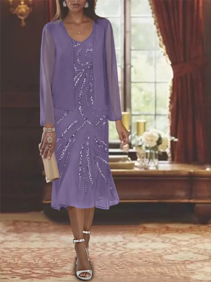 Chiffon 2 Pieces V Neck Knee Length Mother Of The Bride Dresses With Jacket Sequins Beading