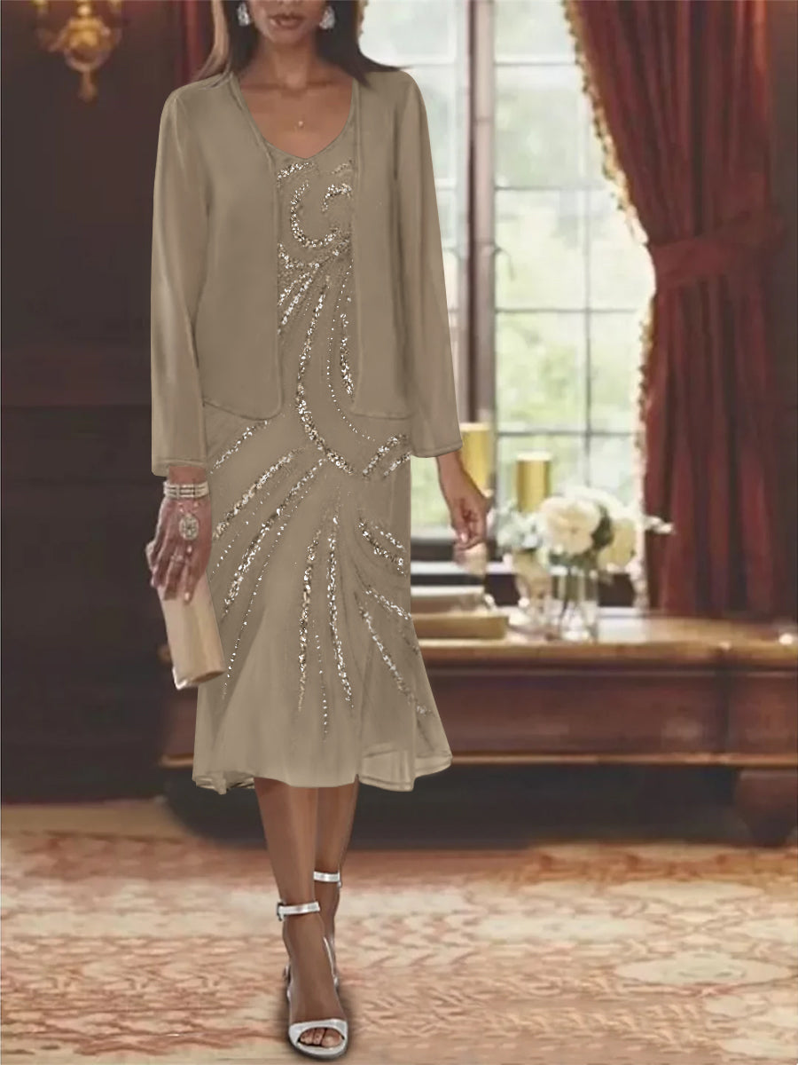Chiffon 2 Pieces V Neck Knee Length Mother Of The Bride Dresses With Jacket Sequins Beading