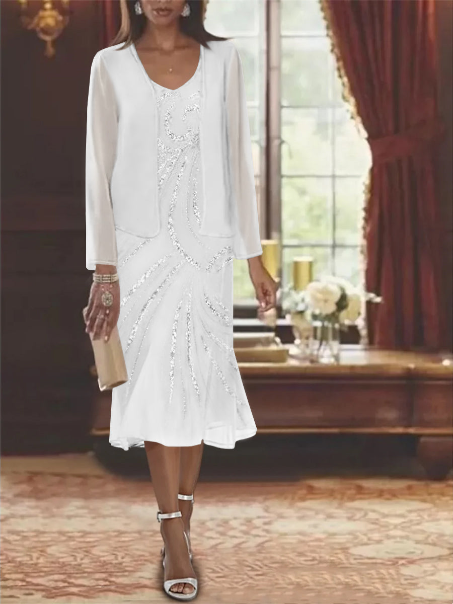 Chiffon 2 Pieces V Neck Knee Length Mother Of The Bride Dresses With Jacket Sequins Beading