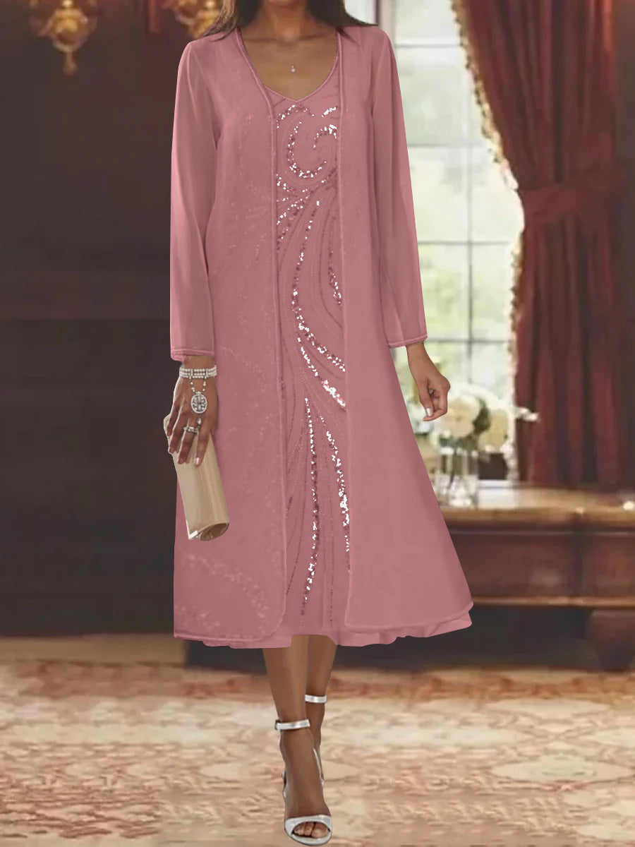 Sheath Column V Neck Long Sleeves Tea Length Mother Of The Bride Dresses With Jacket Sequins Beading